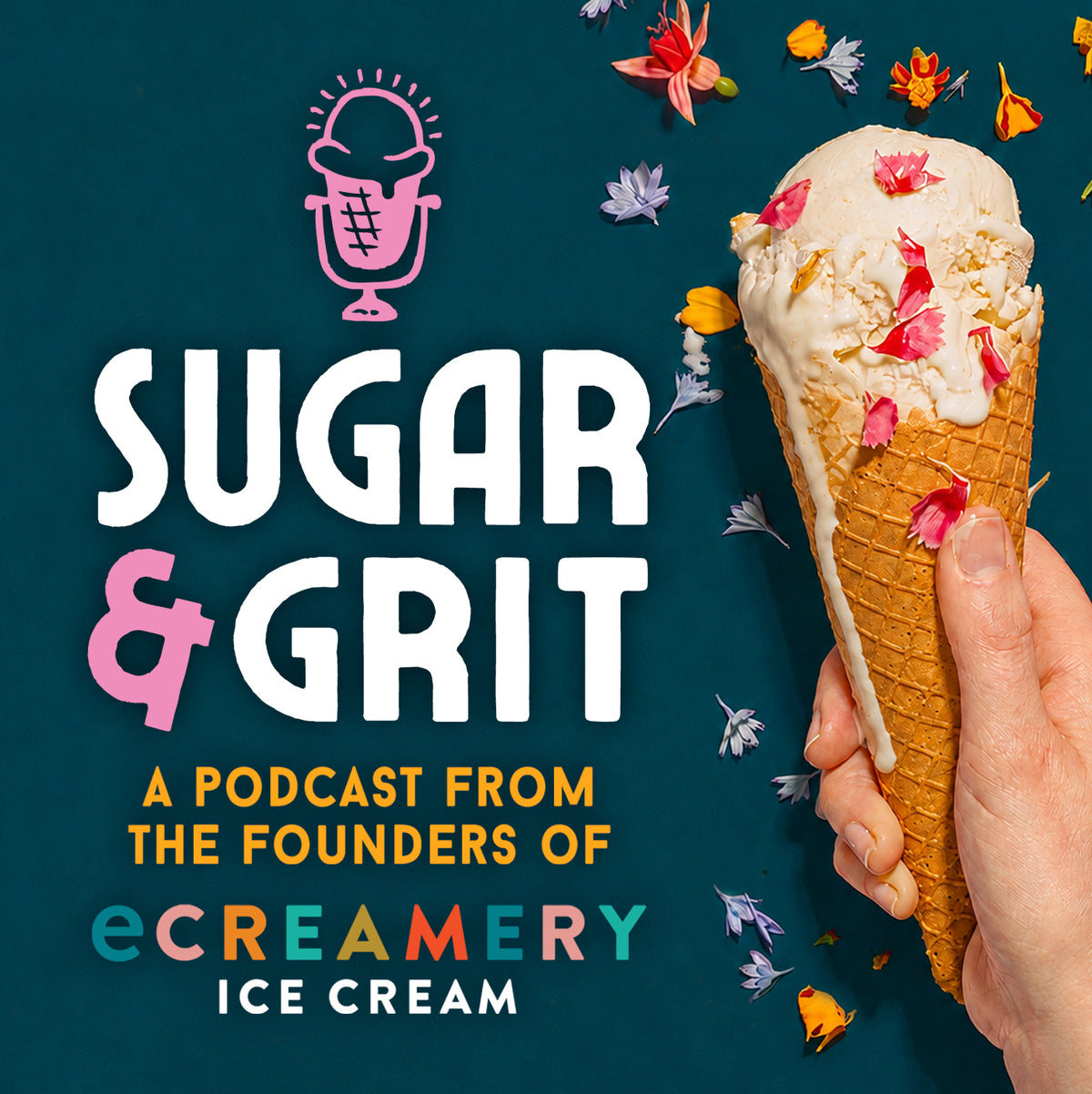 Sugar & Grit Podcast Logo - Ice Cream with a drip surrounded by flowers.
